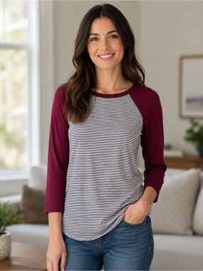 Poof! Burgundy Raglan Sleeve Striped Tunic Top
